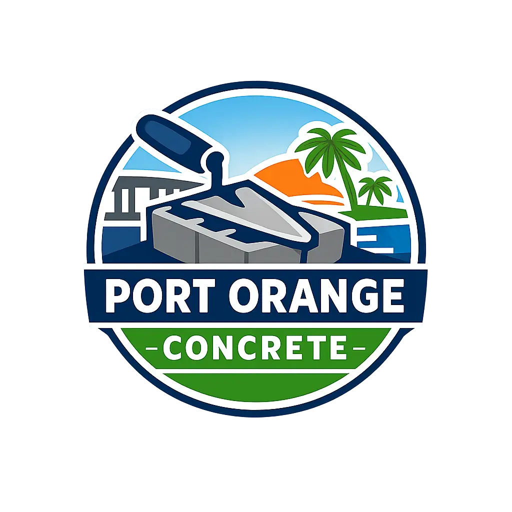 Port Orange concrete contractor logo with trowel and palm trees in Port Orange, FL